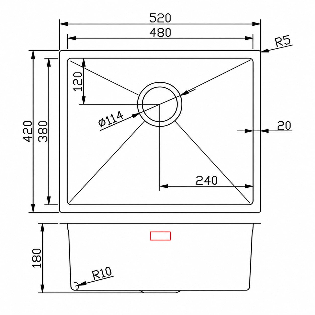 Dimensioned technical drawing of the Alpha sink