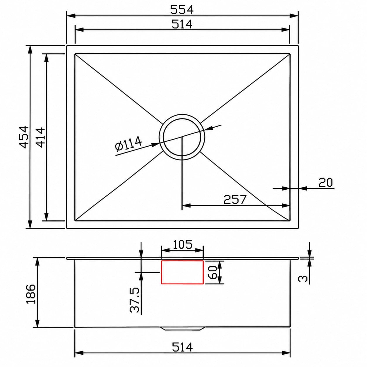 Dimensioned technical drawing of the Bravo sink