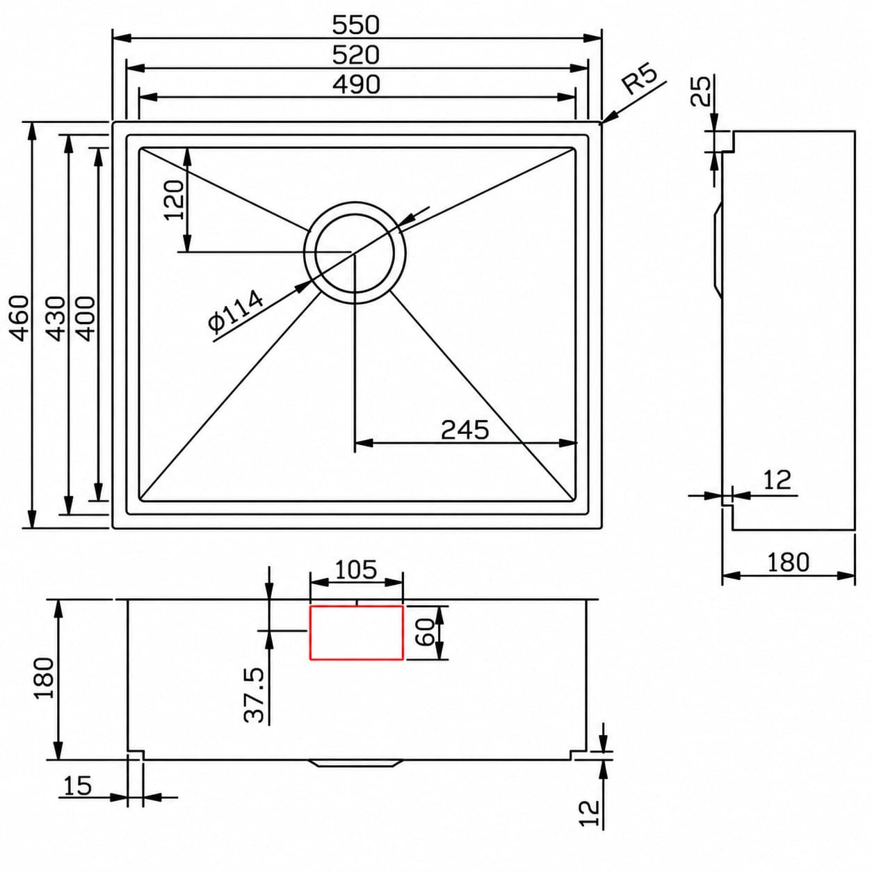 Dimensioned technical drawing of the Delta sink